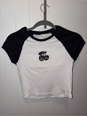 Black & White Raglan Tee with Cherry Graphic